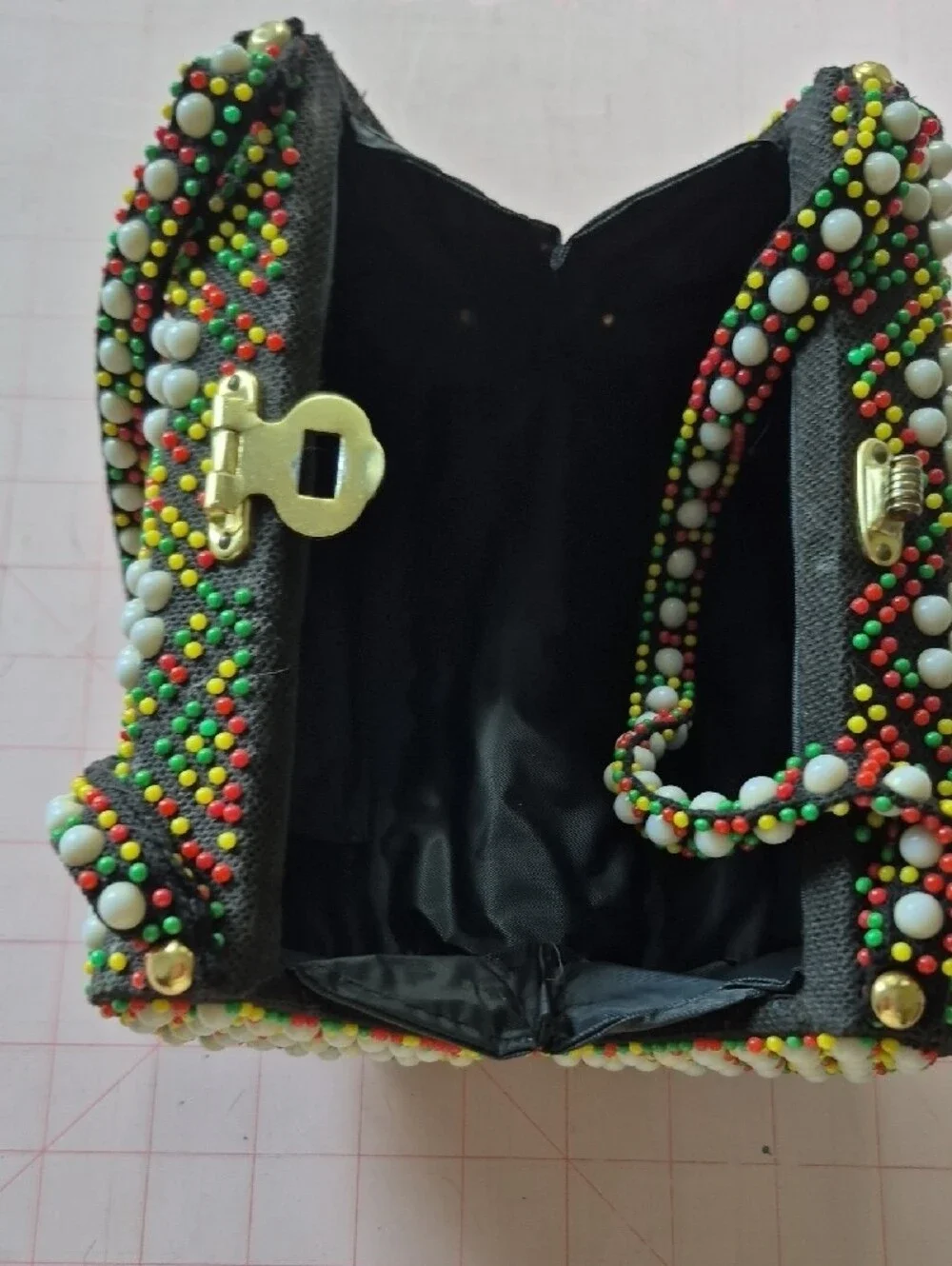 Studded Floral-Pattern Shoulder Bag in Black, White, Red, Yellow & Green